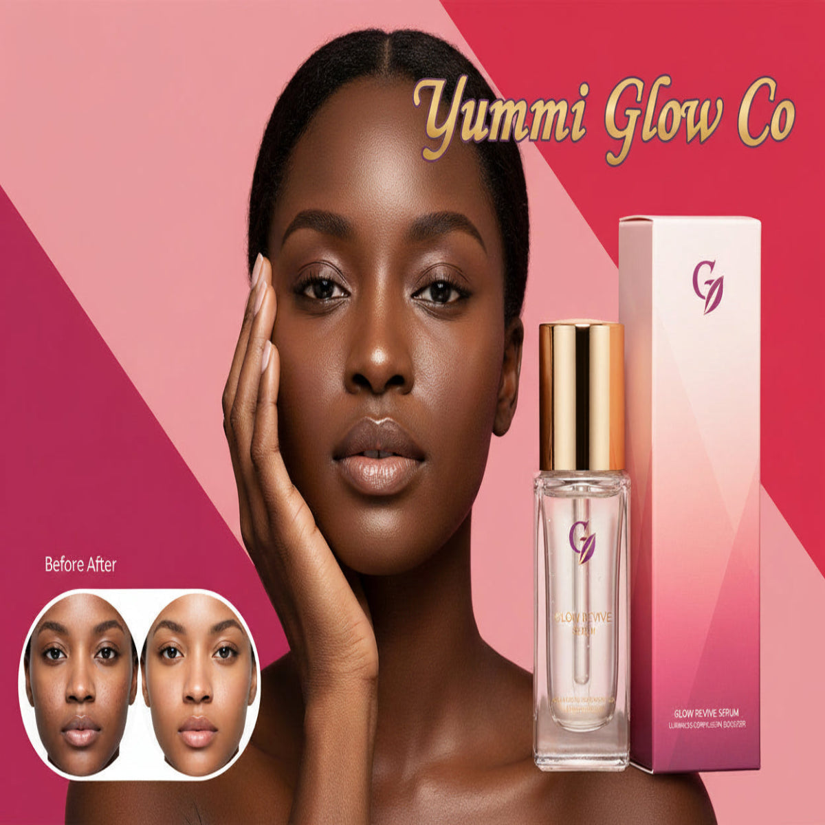 Cosmetic serum with packaging and a woman's face showing before and after effects on a pink background