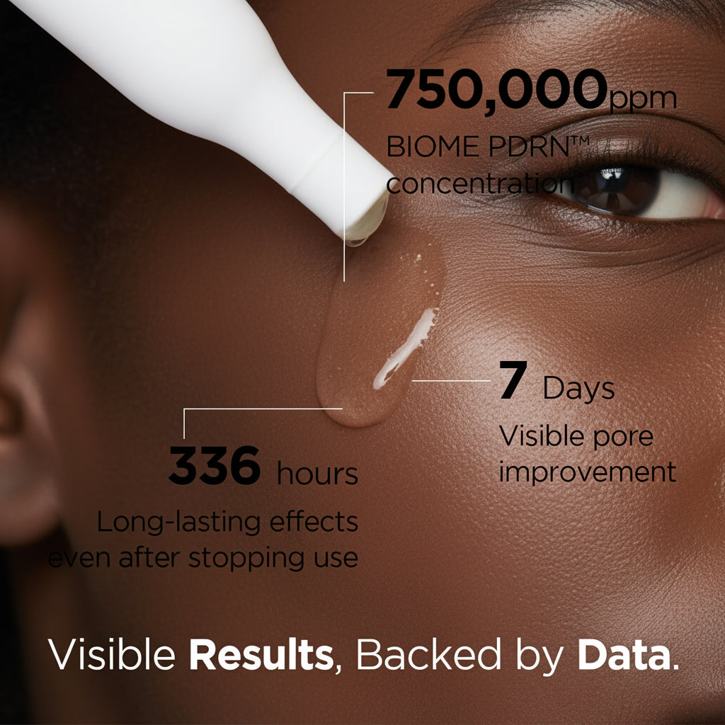 Product being applied to skin with text highlighting its benefits