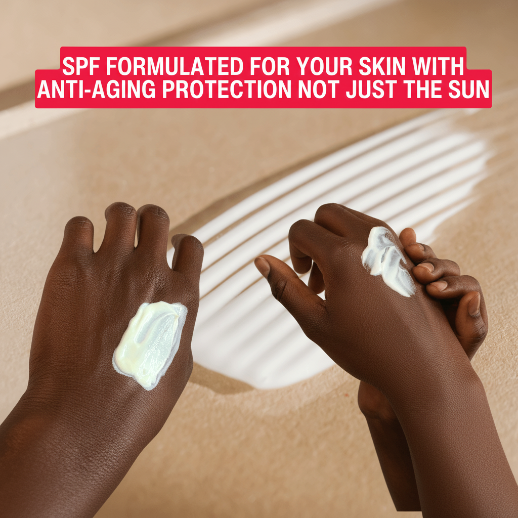 Two black hands applying sunscreen cream with text about SPF and anti-aging protection.