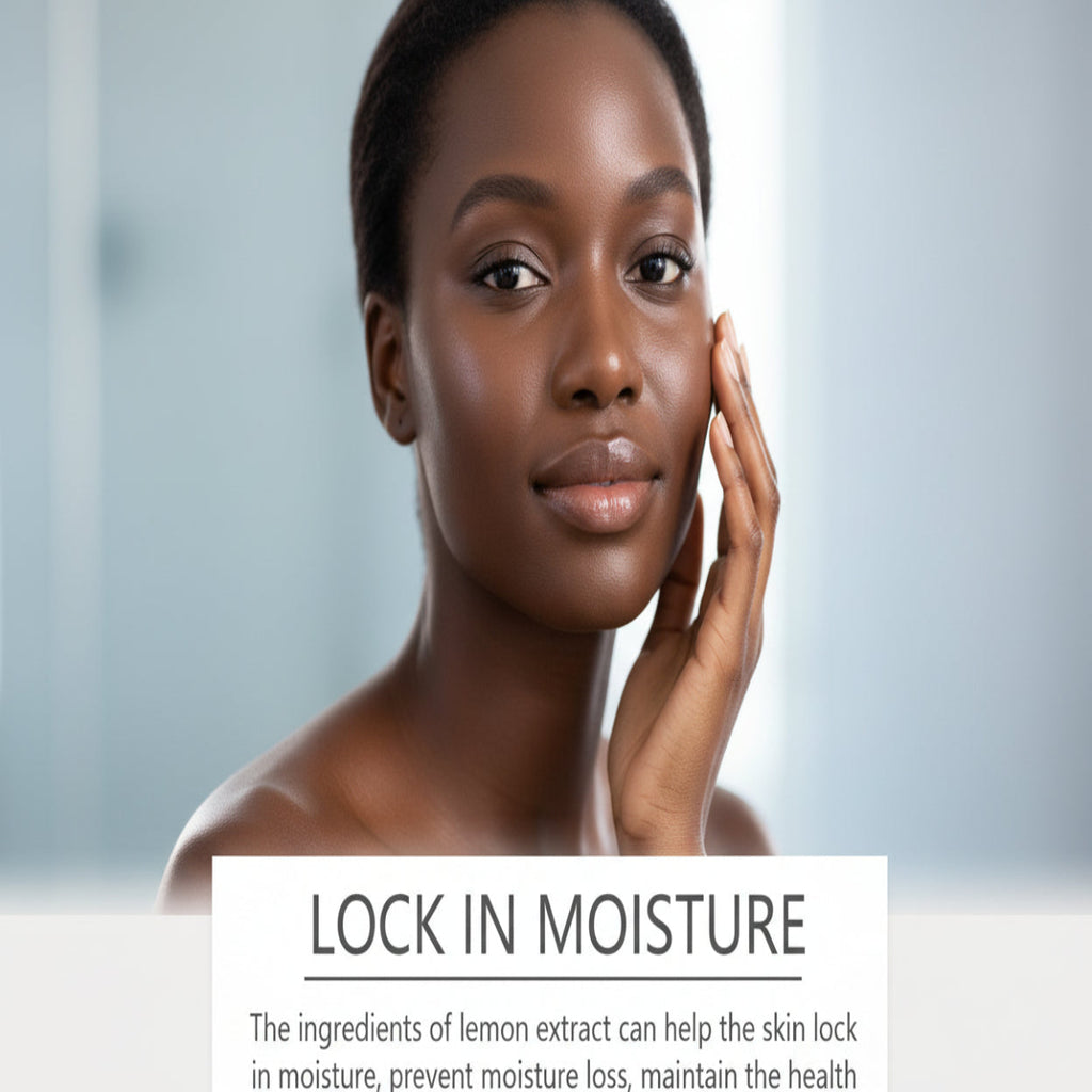 Woman with smooth skin and text about lemon extract ingredients for moisturizing.