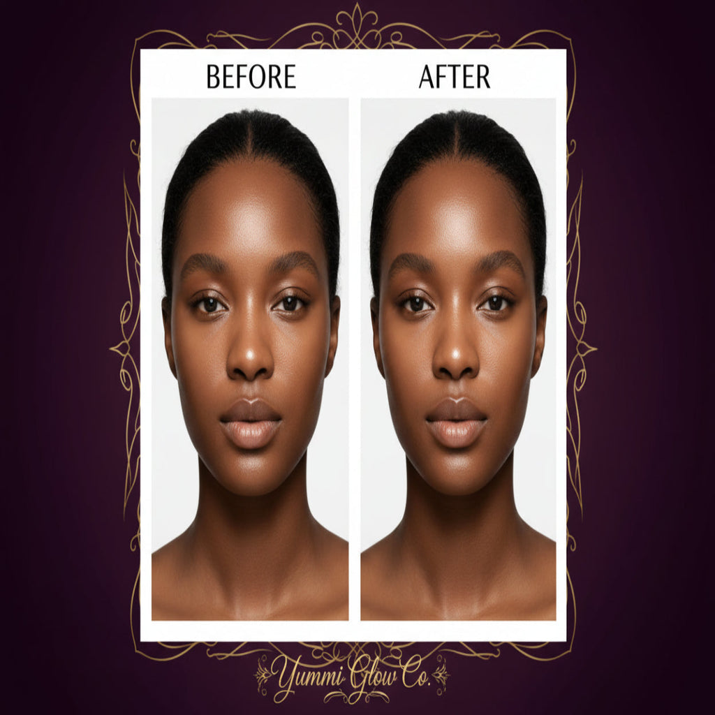 Before and after comparison of a woman's face with visible skin improvement.