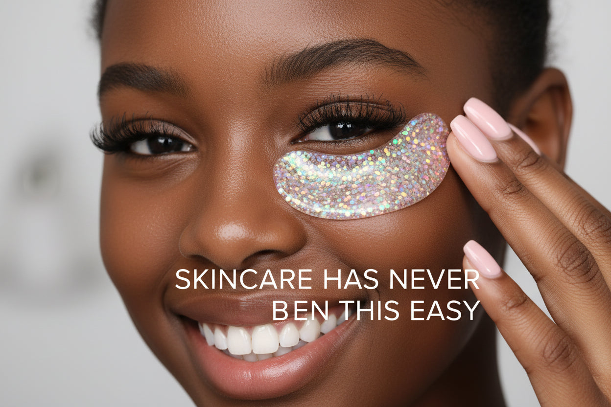 Close-up of a black teen wearing glittery eye patches with text 'SKINCARE HAS NEVER BEEN THIS EASY'.