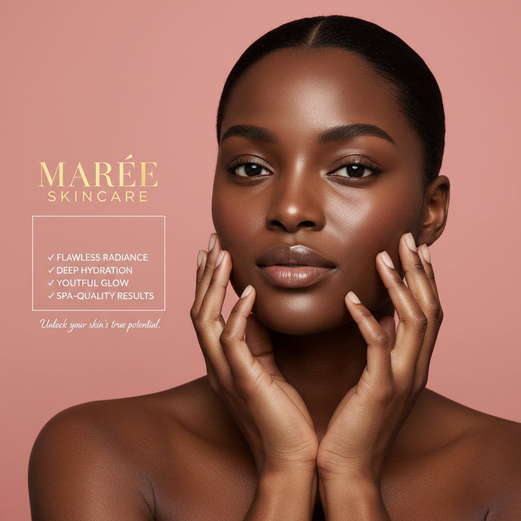 Woman with smooth skin on a pink background with text about Maré Skincare benefits.