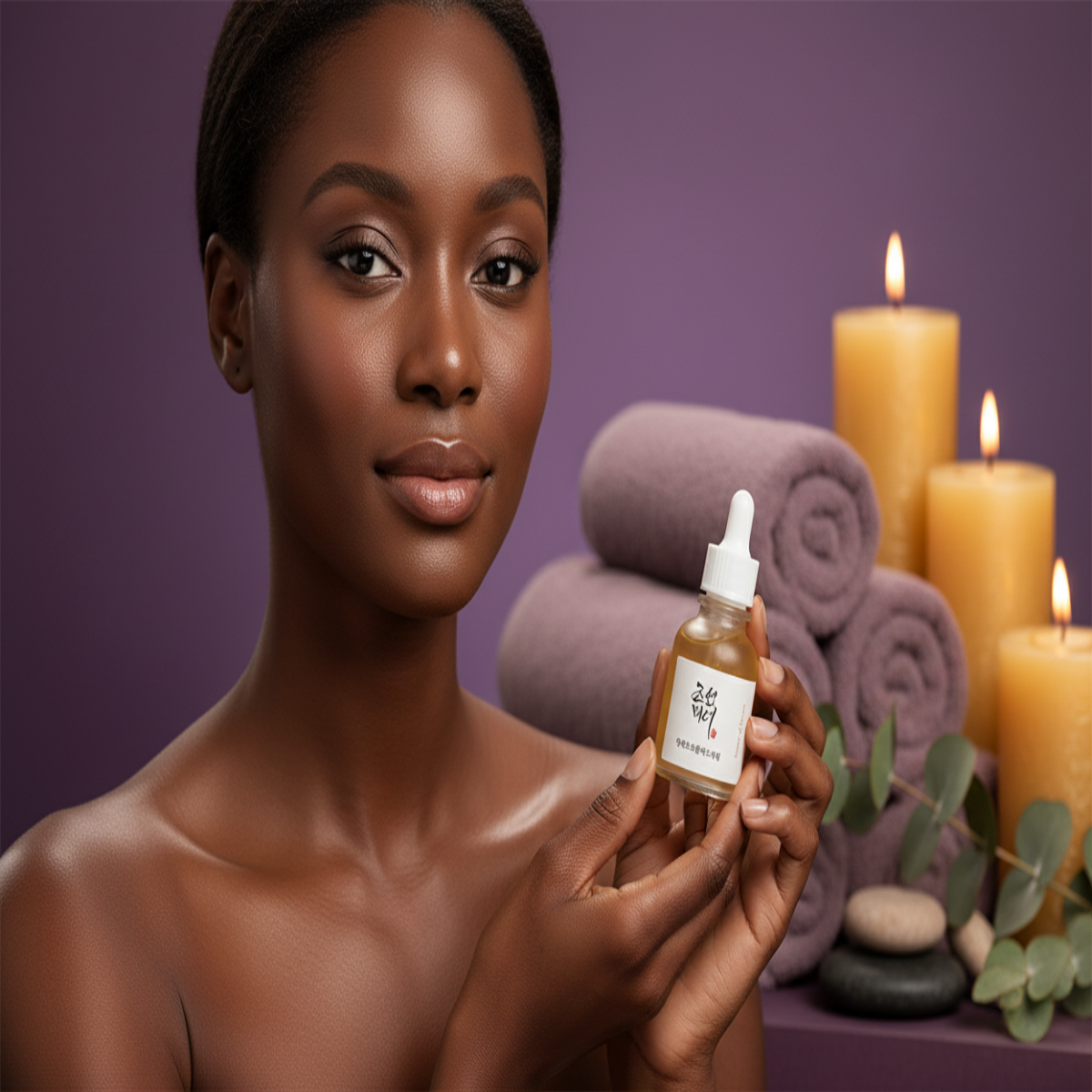Black woman holding Propolis + Niacinamide Glow Serum in spa setting with purple and gold accents