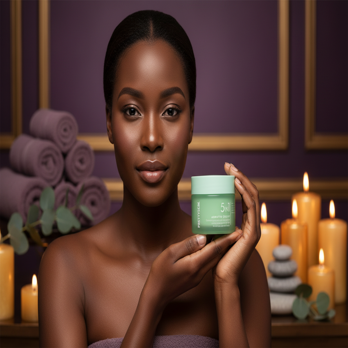 Black woman with glowing skin holding 5 In 1 Arbutin Cream in spa setting with purple and gold accents