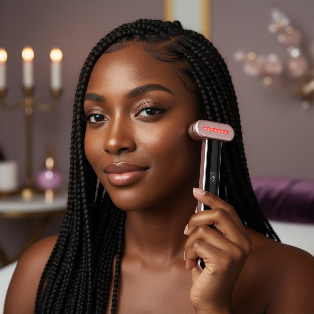 Black Woman with Red Light Therapy Wand