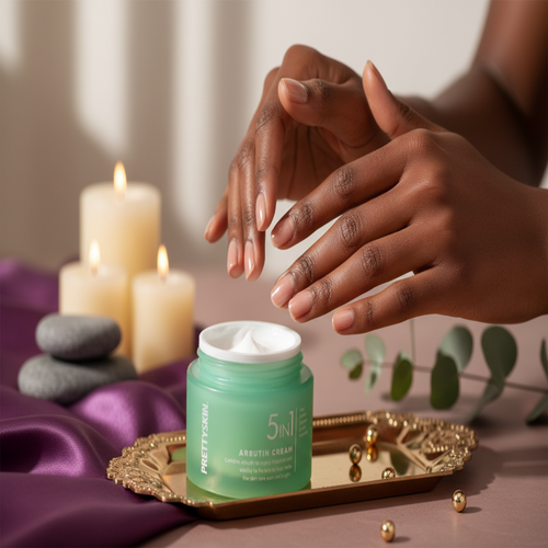 Close-up of hands applying 5 In 1 Arbutin Cream with purple and gold spa accents