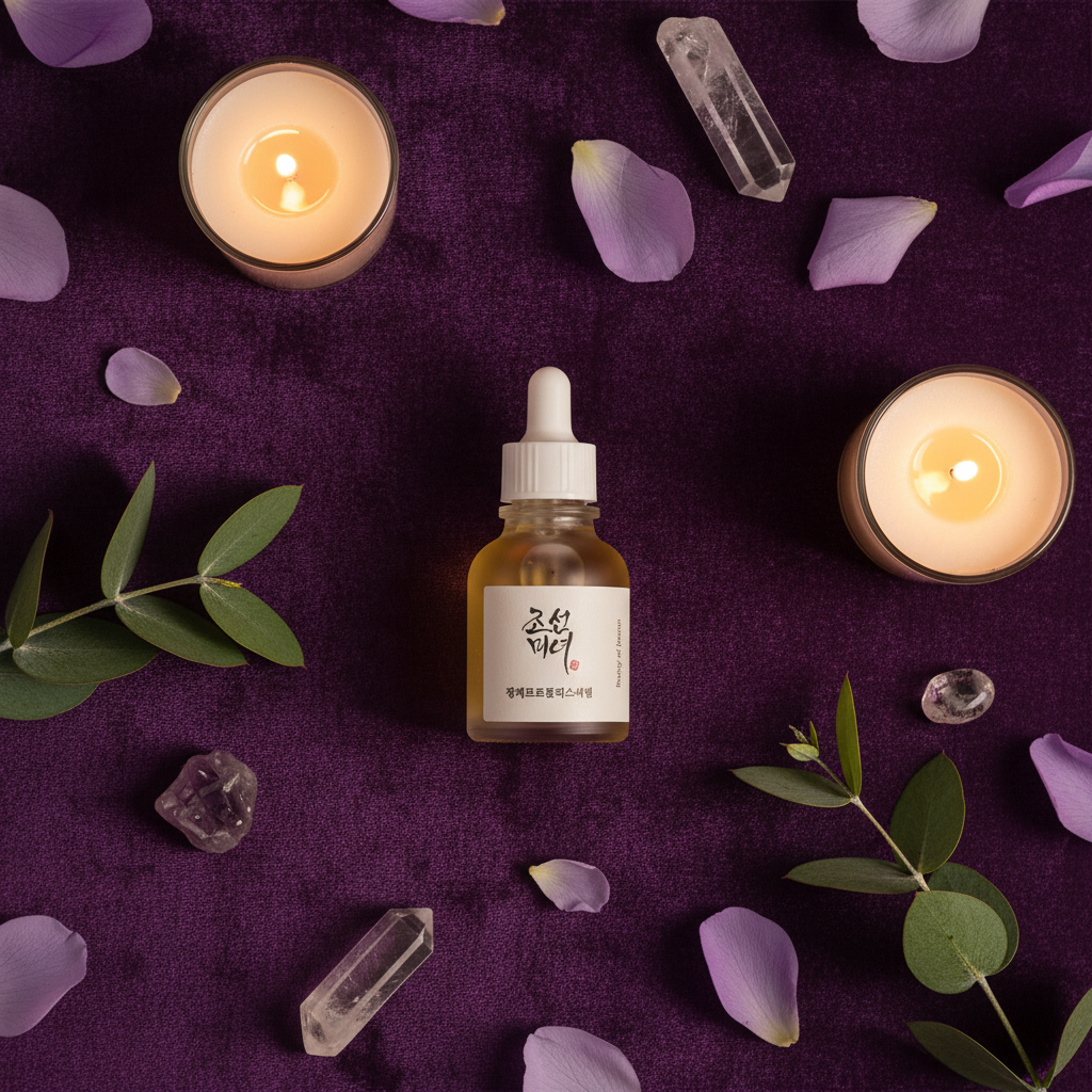Overhead flat lay of Propolis + Niacinamide Glow Serum surrounded by luxurious spa elements with purple and gold styling