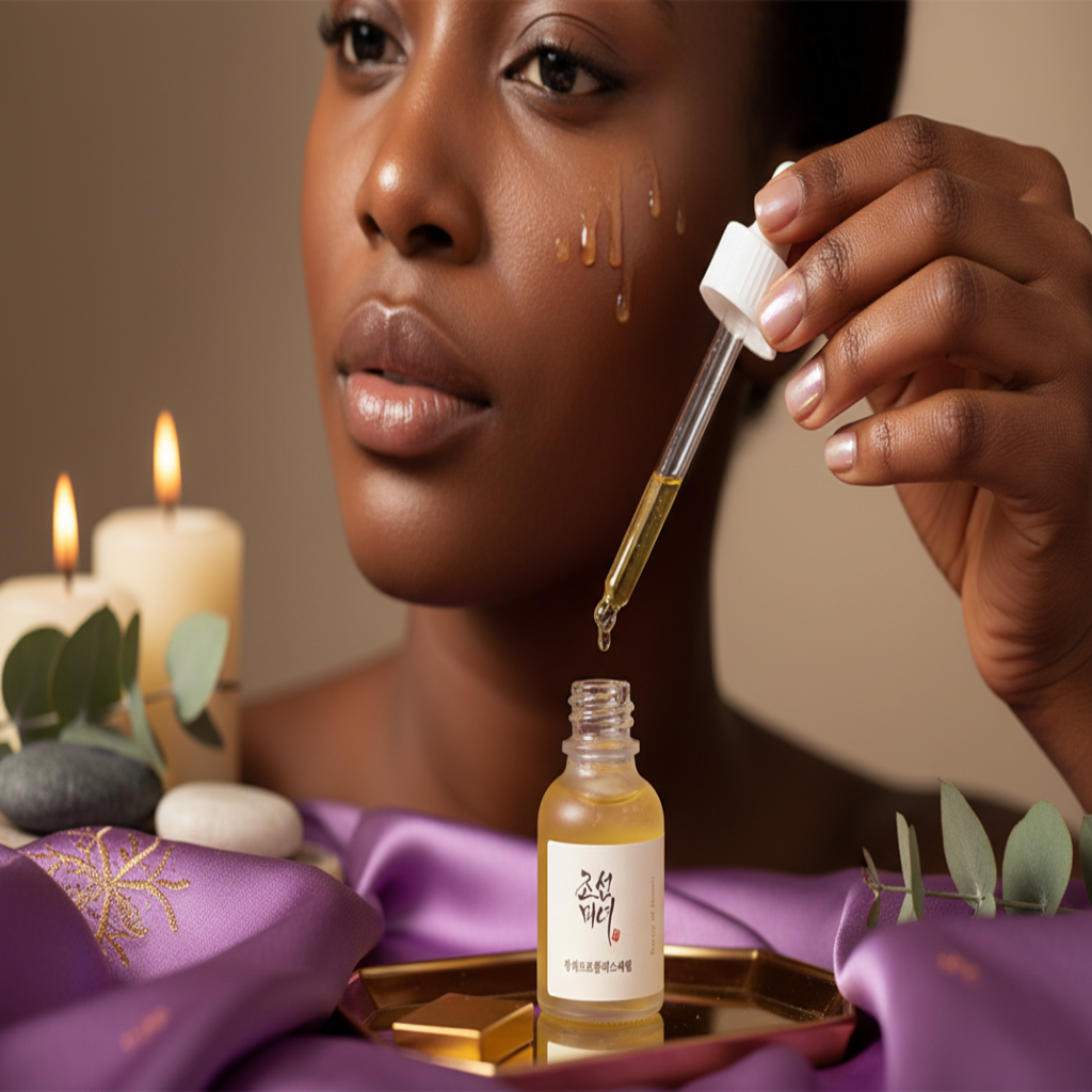 Close-up of elegant hands applying Propolis + Niacinamide Glow Serum with purple and gold spa accents