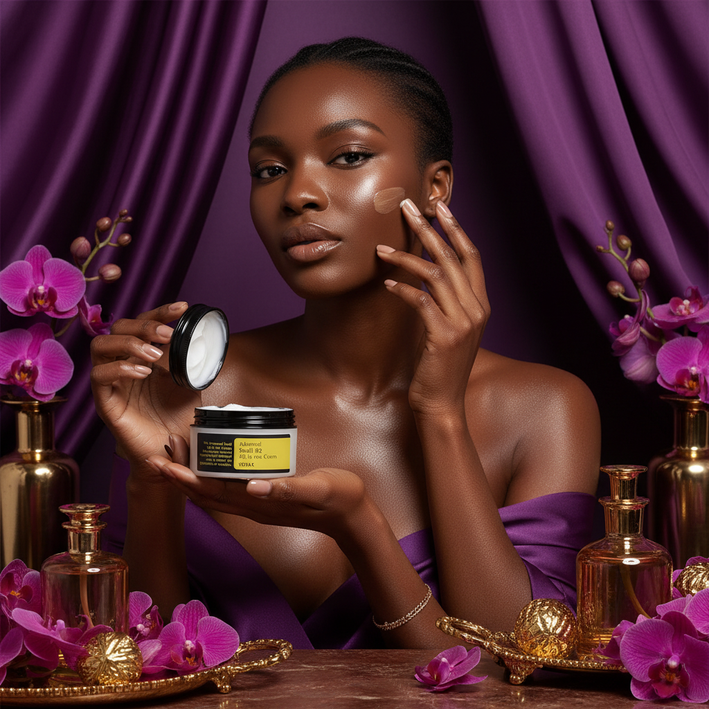 Beautiful Black woman with glowing skin using Cosrx Advanced Snail 92 All in One Cream in luxurious purple and gold spa setting
