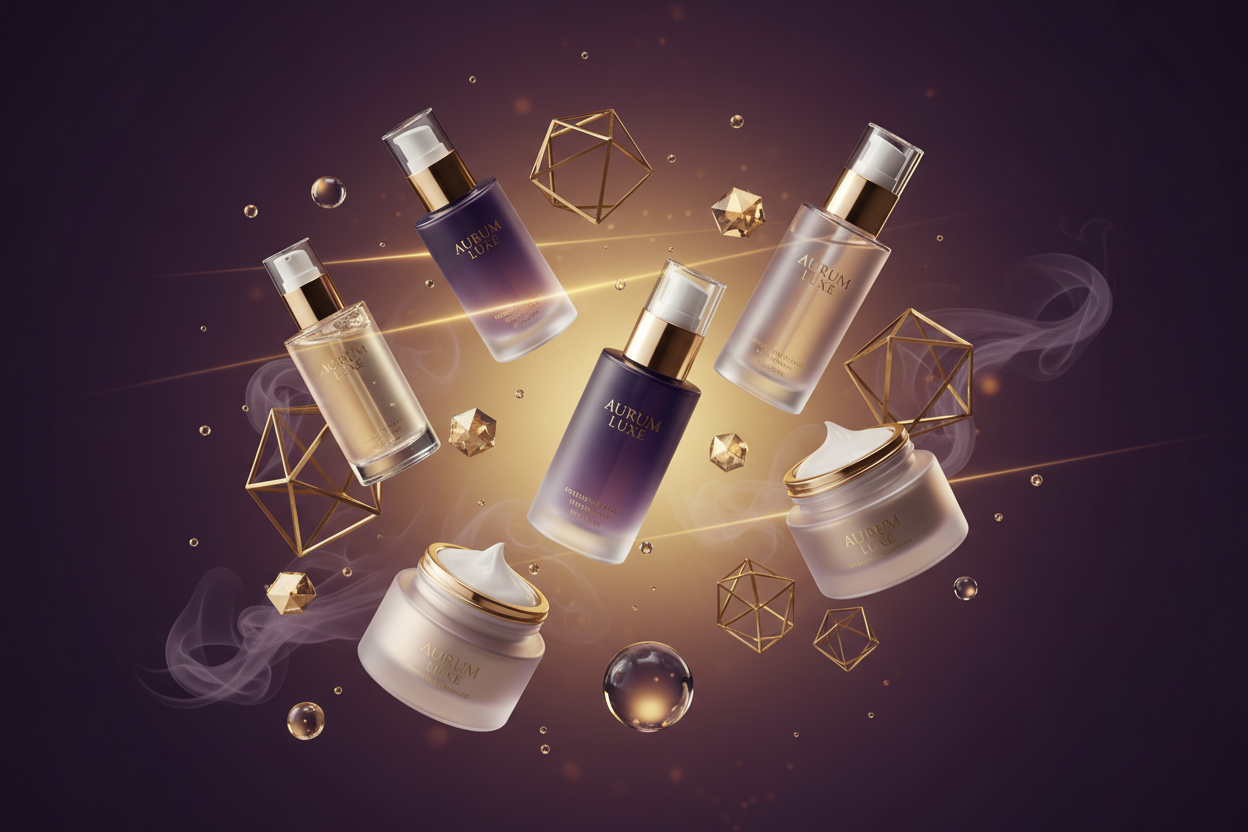 Luxurious Skincare Products Floating in 3D - Purple & Gold