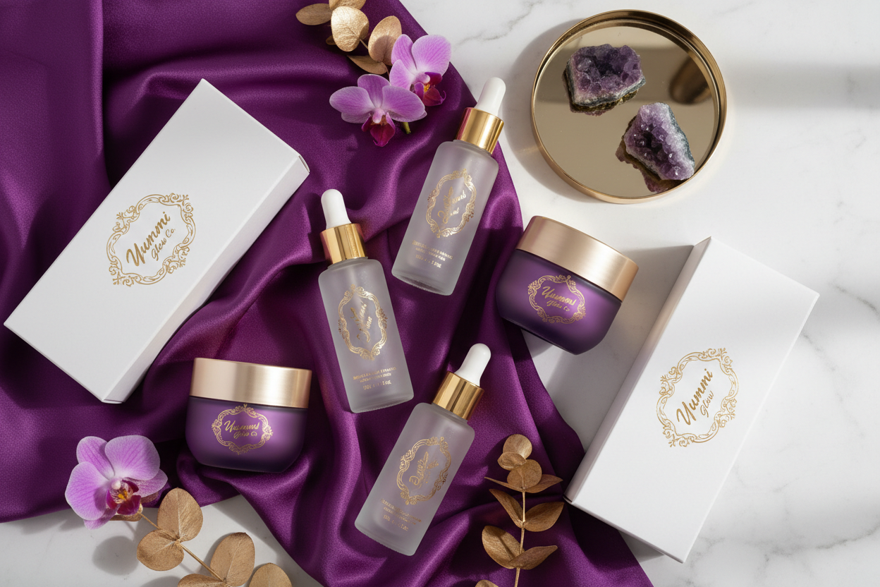 Yummi Glow Co. product mockup with purple and gold branding